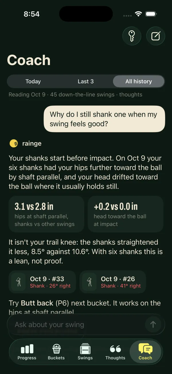 The coach answering: Why do I still shank one when my swing feels good? The answer compares the hips at shaft parallel on shanks against other swings, 3.1 against 2.8 inches, and cites swings 33 and 26.