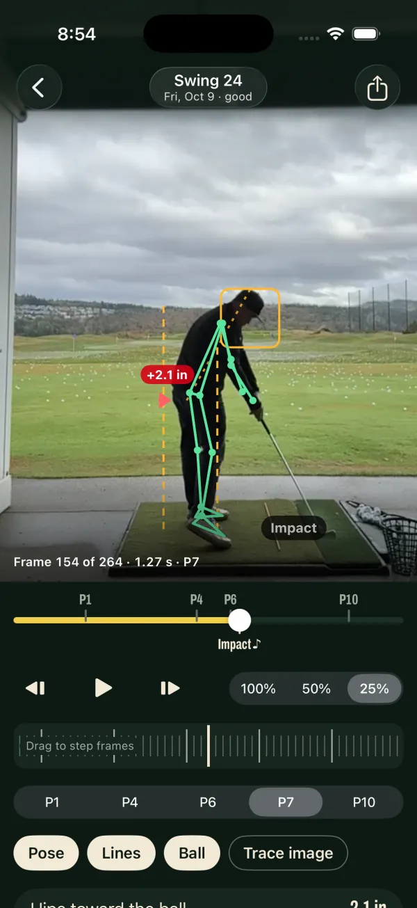 Swing 24 in the replay viewer at impact, with the pose traced over the video, a marker showing the hips 2.1 inches off the wall, and a scrubber marked P1, P4, P6, P7 and P10.